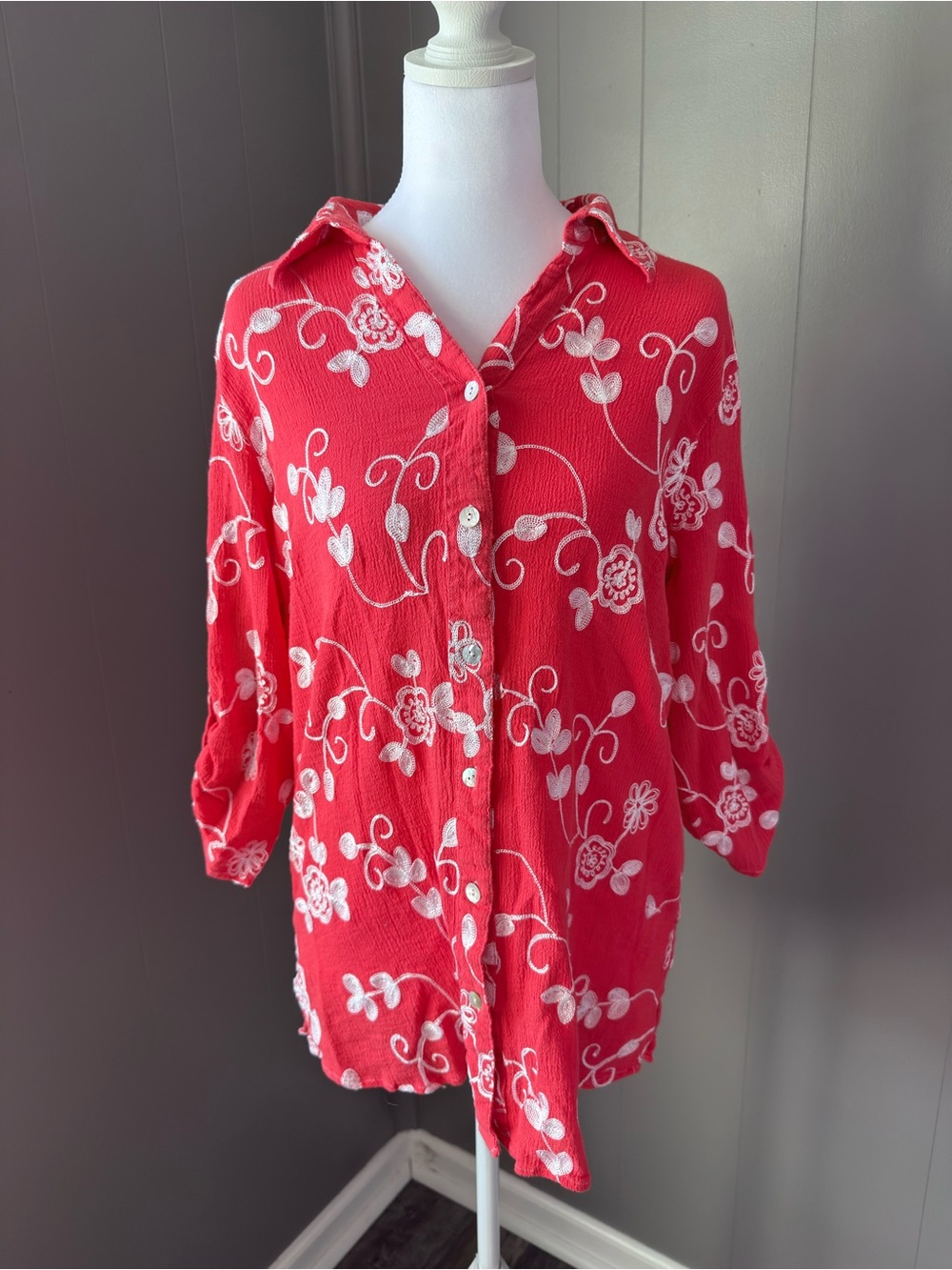 Multiples Red Floral Button-Down Shirt